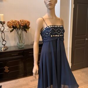 BCBG Max Mara Navy Chiffon Beaded Knee Length Prom Dress 8